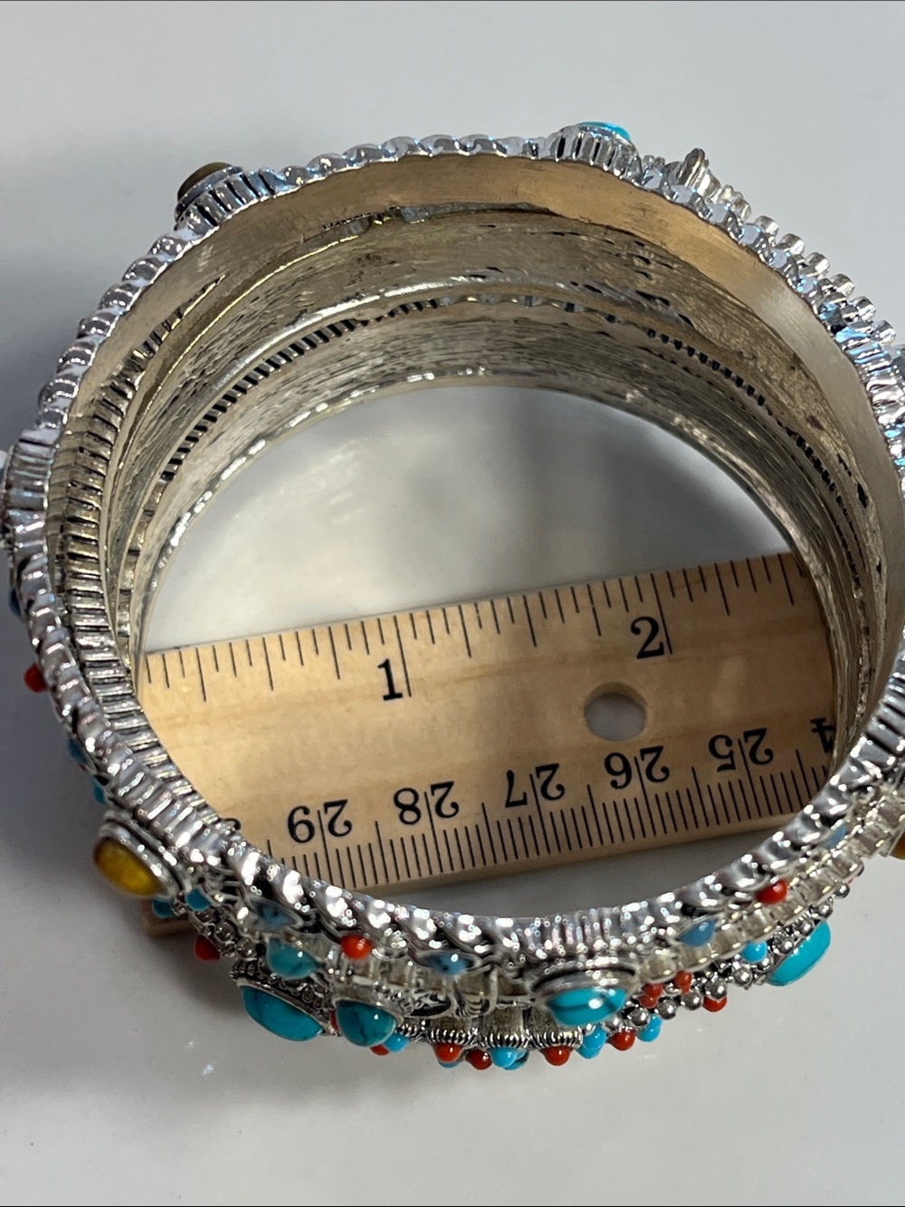 5 SilverTone Turquoise, Coral, Cat’s Eye Accent Bangle Bracelet Set. Faux stones - Picture 15 of 16